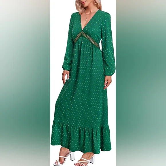 Maxi Dress With Peak-a-boo Women's Long-sleeved Formal Dress Color Green - Picture 2 of 5